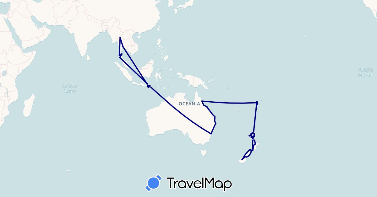 TravelMap itinerary: driving in Australia, Fiji, Indonesia, New Zealand, Thailand (Asia, Oceania)